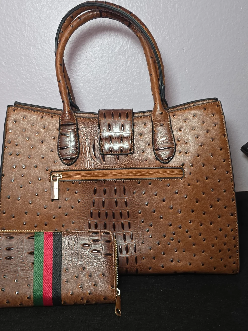 Brown Croc-Embossed Satchel with Bee Accent